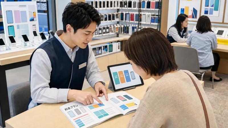 携帯ショップでタブレットとパンフレットを使って説明するスタッフ