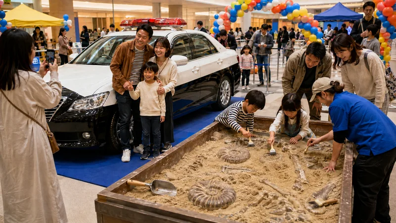展示用パトカーとの記念撮影と化石採掘を楽しむ家族連れ