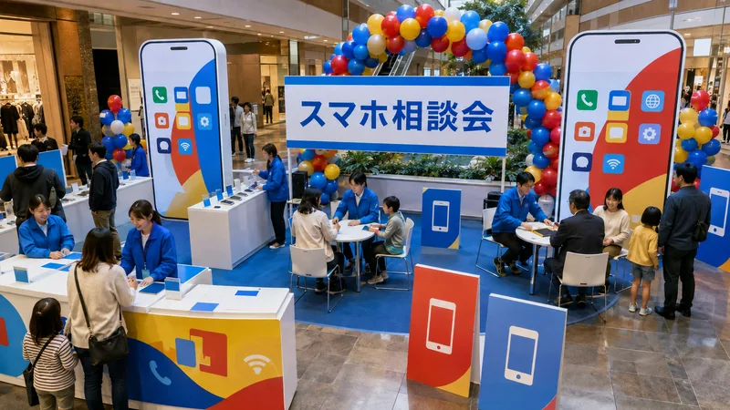 スマートフォンの展示と相談ブースでにぎわうモールの販促イベント