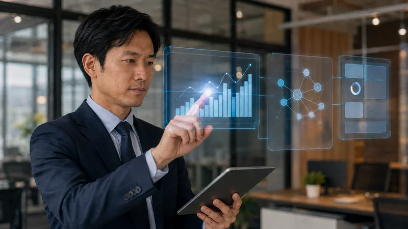 タブレットを持ち、半透明のARパネルを操作する男性のイメージ